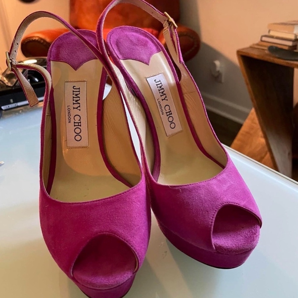 Jimmy Choo Vibrant Magenta Suede Peep-Toe Slingback Heels